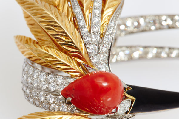 Spritzer & Fuhrmann Coral Onyx Diamond Gold Bird Brooch - Image 2
