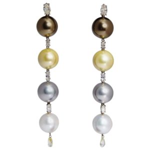 1980s Impressive Multi-Color Pearl & Diamond Ear Pendants