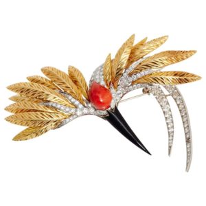 Spritzer & Fuhrmann Coral Onyx Diamond Gold Bird Brooch
