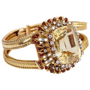 1950s Pierre Sterle Retro Citrine Garnets Diamonds Gold Bracelet