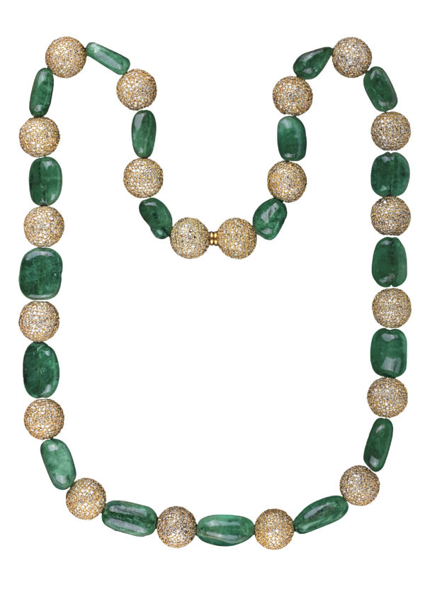 Colombian Emerald Beads & Diamond Spheres Necklace