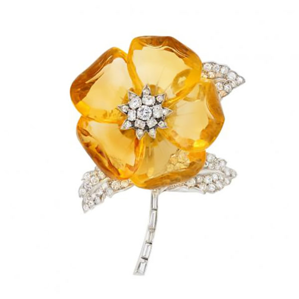 French 1930s Citrine & Diamond Flower Brooch