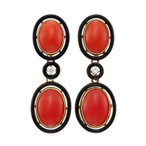 1920s Coral & Black Enamel Ear Pendants