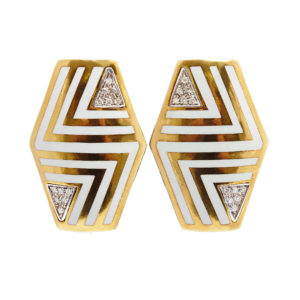 Italian Geometrical White Enamel & Diamond Shield Ear-Clips
