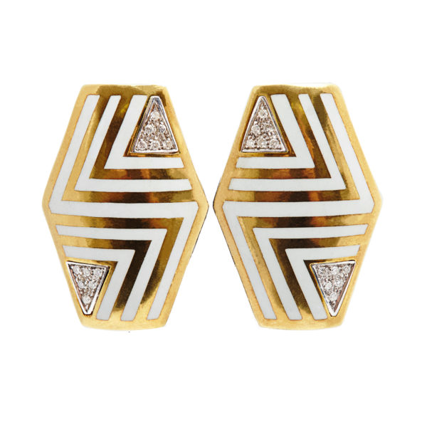 Italian Geometrical White Enamel & Diamond Shield Ear-Clips