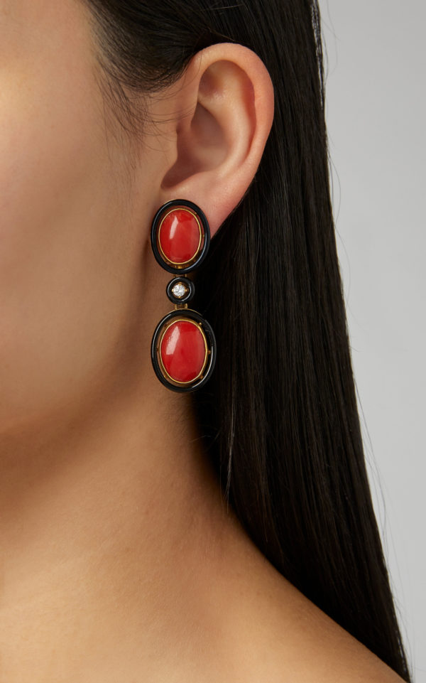 1920s Coral & Black Enamel Ear Pendants - Image 3