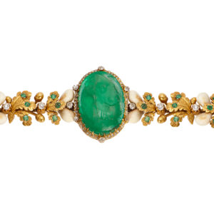 Unusual Antique Hunting Emerald Cameo Bracelet