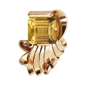Retro Citrine & Gold Scroll Brooch