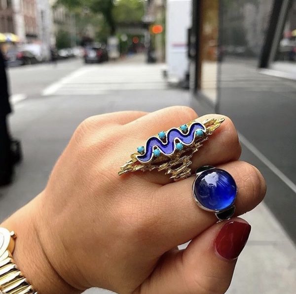 Cabochon Burma Sapphire & Emerald Platinum Ring - Image 4