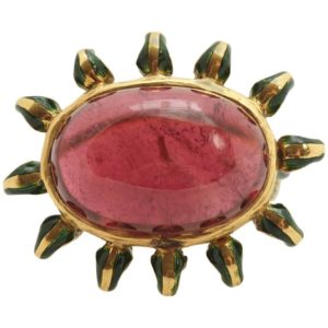 Retro Indian Enamel Tourmaline Yellow Gold Ring