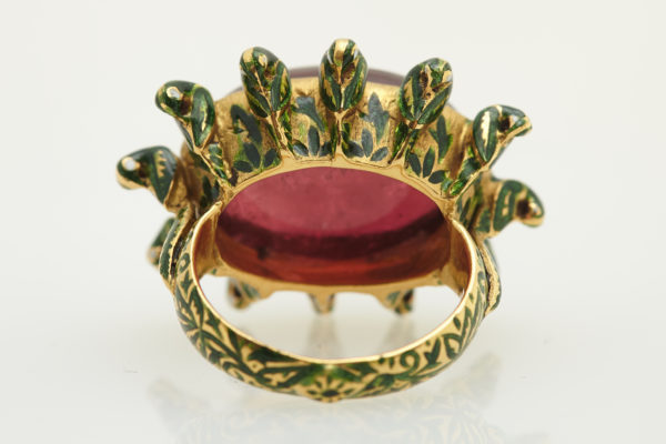 Retro Indian Enamel Tourmaline Yellow Gold Ring - Image 2
