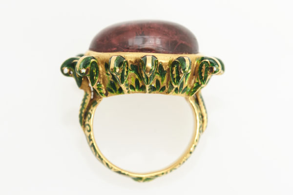 Retro Indian Enamel Tourmaline Yellow Gold Ring - Image 3