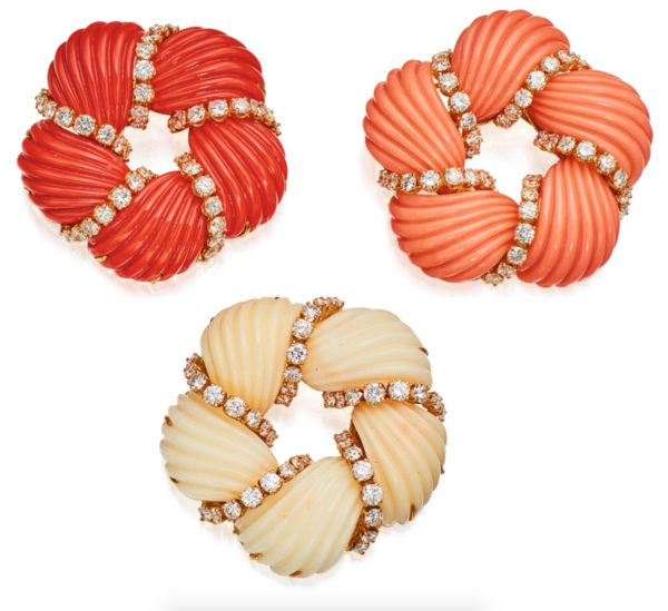 Coral & Diamond Brooches