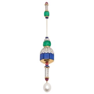 Emerald Pearl Diamond & Lapis Jabot Pin