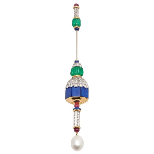 Emerald Pearl Diamond & Lapis Jabot Pin
