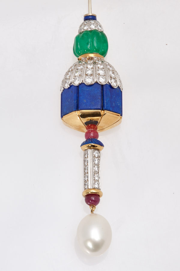 Emerald Pearl Diamond & Lapis Jabot Pin - Image 2