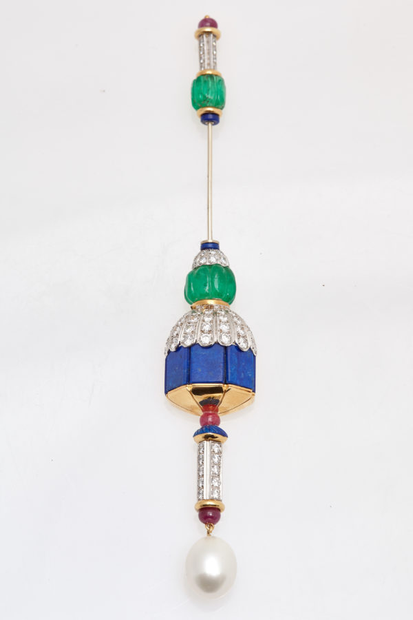 Emerald Pearl Diamond & Lapis Jabot Pin - Image 3