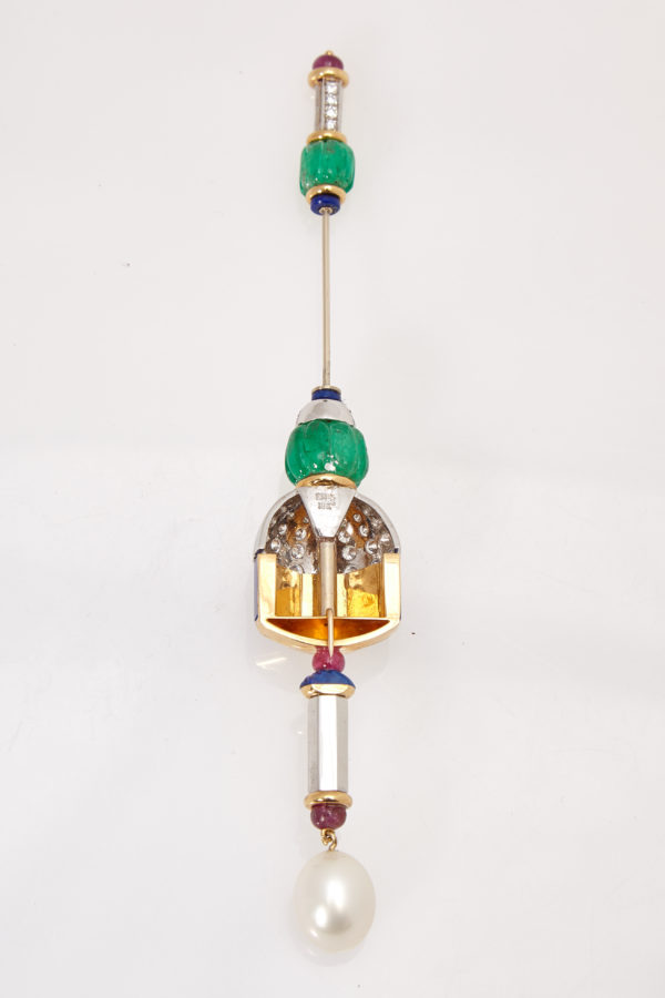 Emerald Pearl Diamond & Lapis Jabot Pin - Image 4