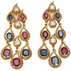 Ruby, Sapphire & Diamond Ear Pendants
