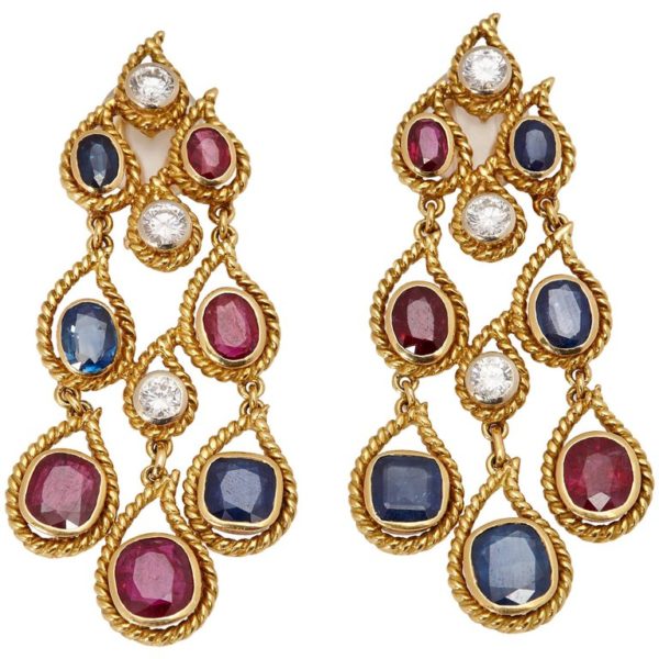 Ruby, Sapphire & Diamond Ear Pendants