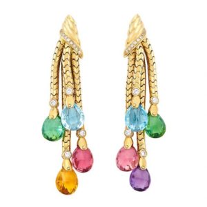 Multicolor Stones and Gold Dangling Ear Pendants