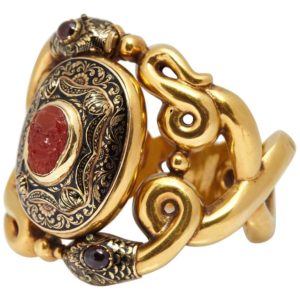Antique Serpents and Mask Gold Enamel Bracelet