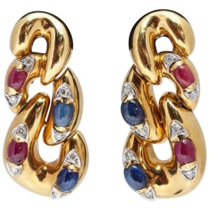 Italian Sapphire, Ruby, Diamond and Gold Ear Pendants