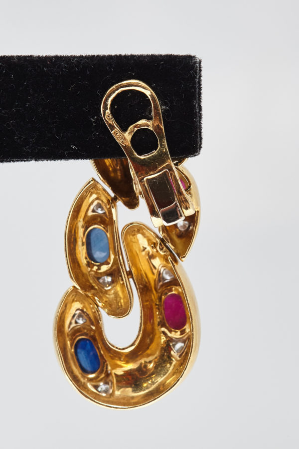 Italian Sapphire, Ruby, Diamond and Gold Ear Pendants - Image 2
