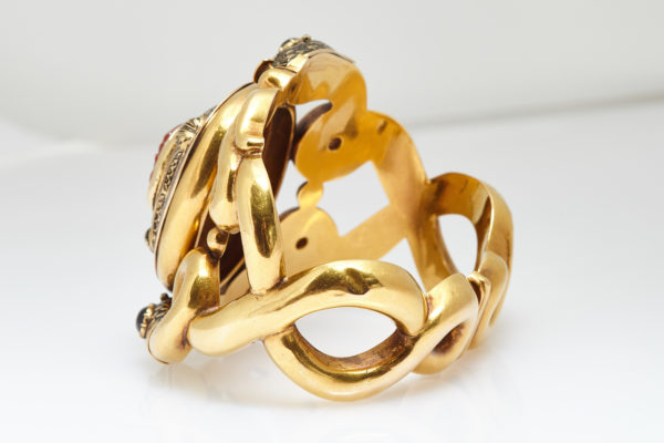 Antique Serpents and Mask Gold Enamel Bracelet - Image 2