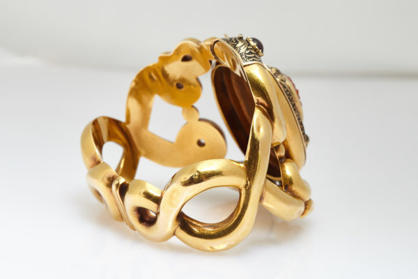 Antique Serpents and Mask Gold Enamel Bracelet - Image 3