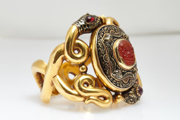 Antique Serpents and Mask Gold Enamel Bracelet - Image 4