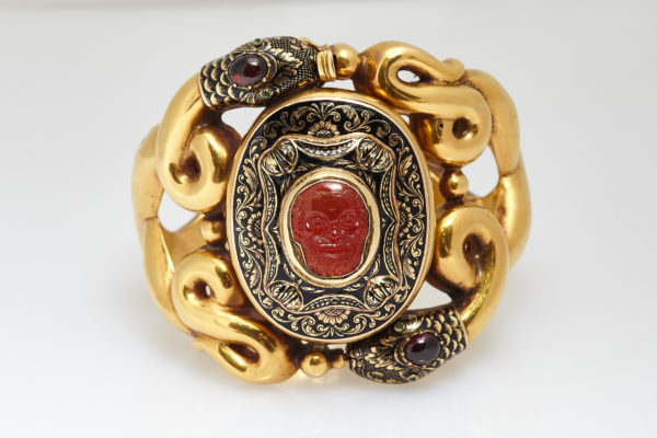 Antique Serpents and Mask Gold Enamel Bracelet - Image 5