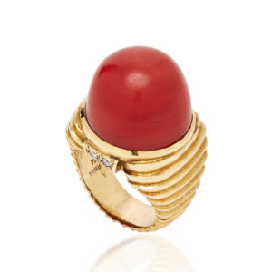 Coral, Diamond and Gold Ring