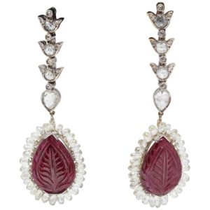 Carved Rubies and Diamond Briolette Ear Pendants