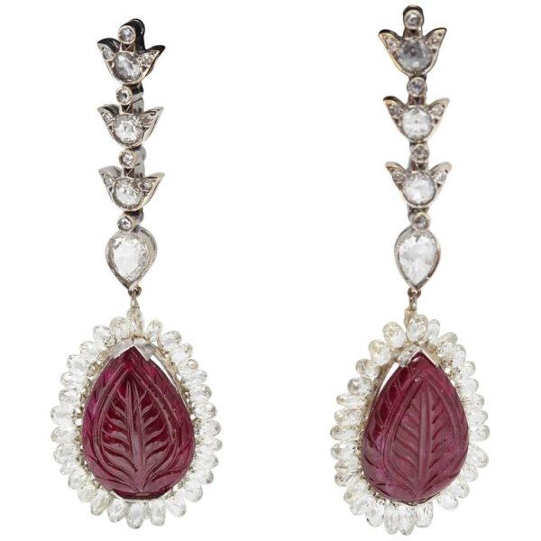 Carved Rubies and Diamond Briolette Ear Pendants