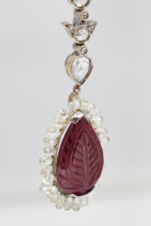 Carved Rubies and Diamond Briolette Ear Pendants - Image 2