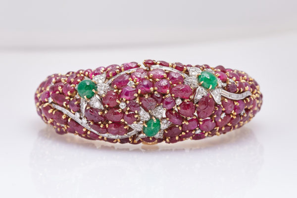 Carved Ruby Emerald and Diamond Cuff Bracelet - Image 2