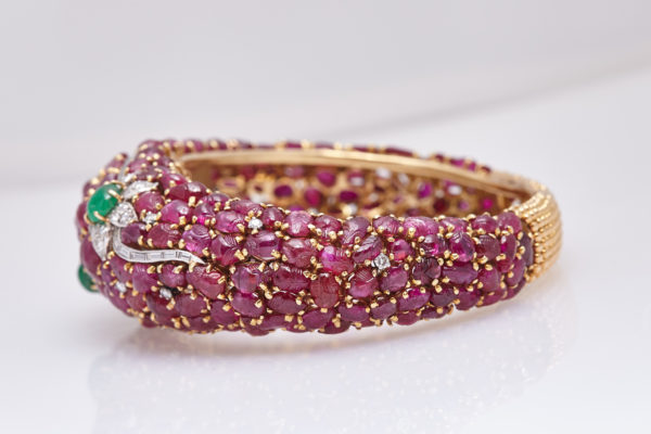 Carved Ruby Emerald and Diamond Cuff Bracelet - Image 4