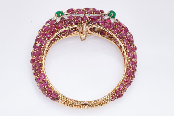 Carved Ruby Emerald and Diamond Cuff Bracelet - Image 5