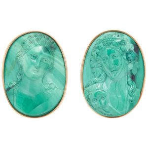 Retro Malachite and Gold Cameo Ear-Clips