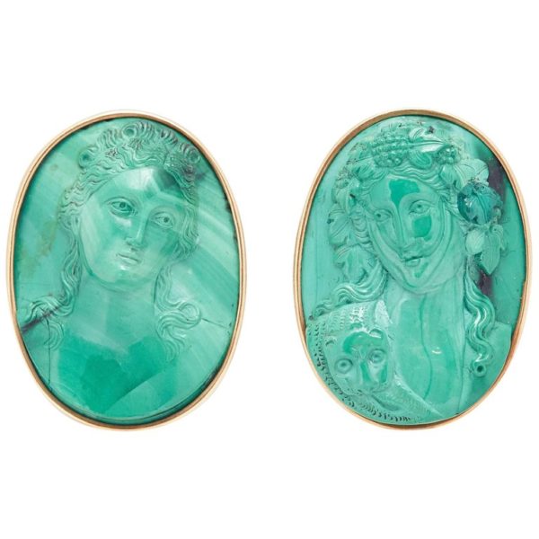 Retro Malachite and Gold Cameo Ear-Clips