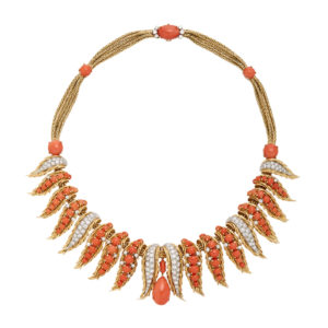 Retro French Coral and Diamonds Necklace