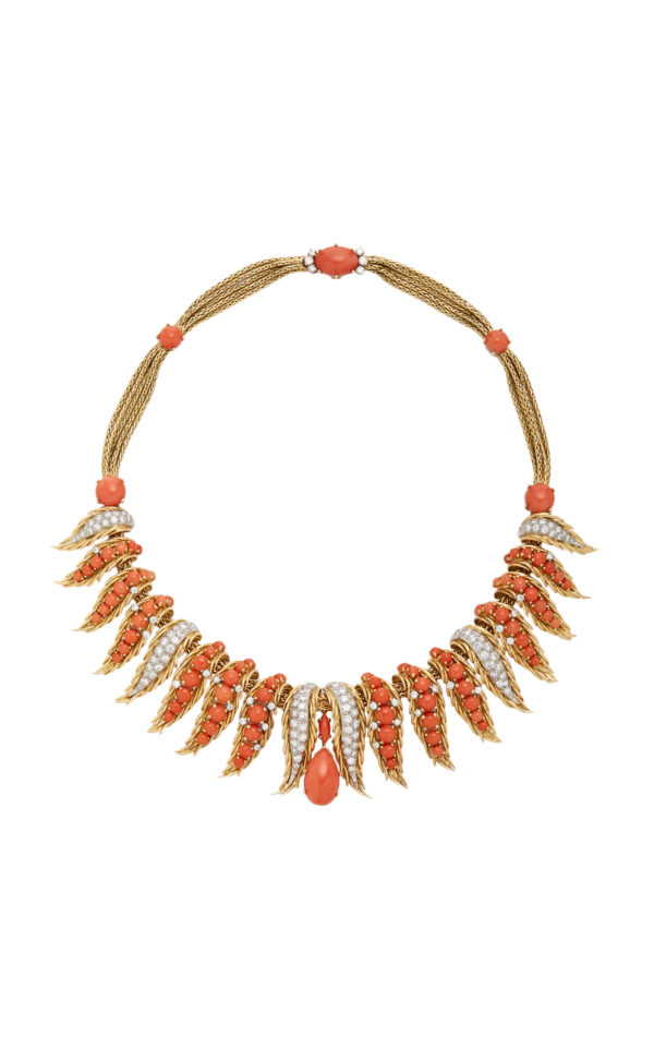 Retro French Coral and Diamonds Necklace