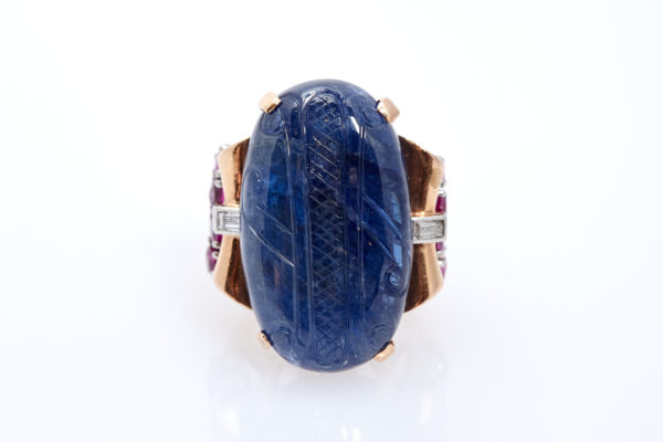 Retro Carved Sapphire, Ruby and Diamond Ring - Image 2