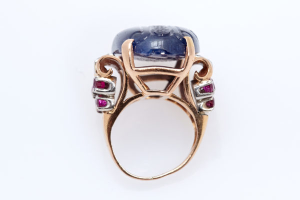 Retro Carved Sapphire, Ruby and Diamond Ring - Image 4