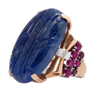 Retro Carved Sapphire, Ruby and Diamond Ring
