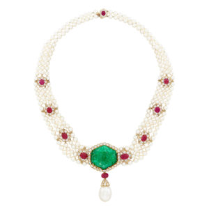 Van Cleef Carved Emerald, Pearls and Ruby Necklace