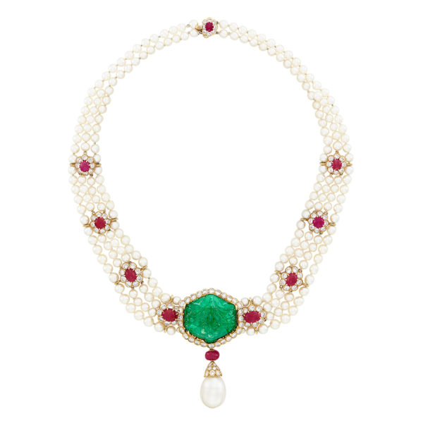 Van Cleef Carved Emerald, Pearls and Ruby Necklace