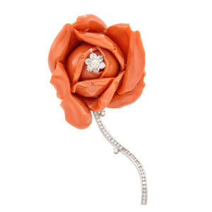 Large Rose Coral & Diamond Brooch
