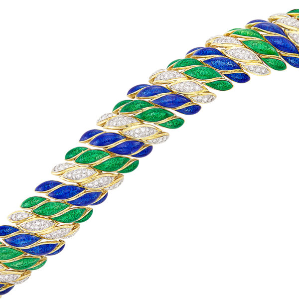 David Webb Blue, Green Enamel and Diamonds Bracelet - Image 2